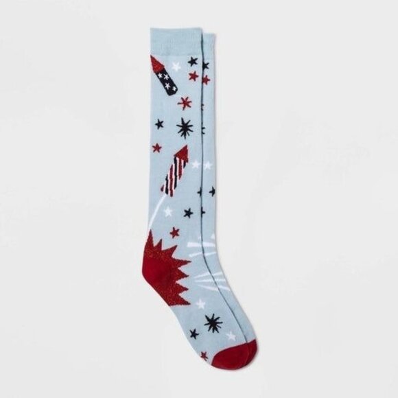 Knee-High Fireworks Socks - Light Blue Red & White - 4th Of July Fun Unisex - Picture 1 of 1